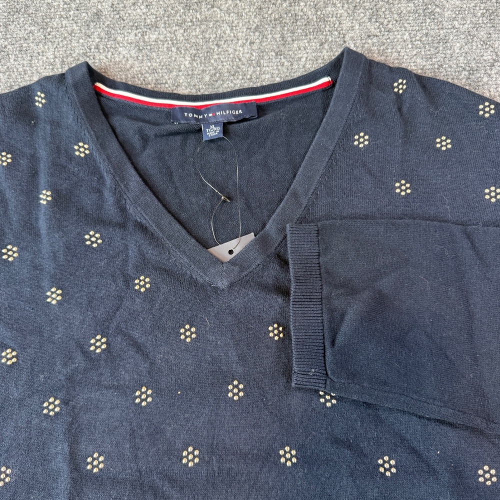 Tommy Hilfiger Sweater NWT Navy Blue Studded Floral V-Neck Cotton XL Preppy